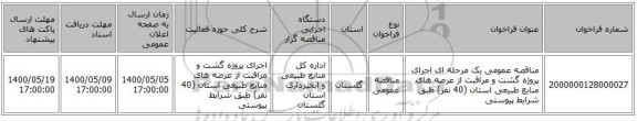 مناقصه عمومی یک مرحله ای  اجرای پروژه گشت و مراقبت از عرصه های منابع طبیعی استان (40 نفر) طبق شرایط پیوستی