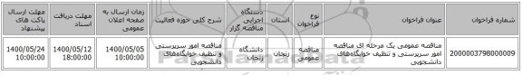 مناقصه عمومی یک مرحله ای   مناقصه امور سرپرستی و تنظیف خوابگاه‌‌های دانشجویی