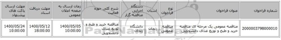 مناقصه عمومی یک مرحله ای  مناقصه خرید و طبخ و توزیع غذای دانشجویی