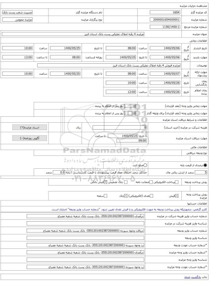 مزایده 4 رقبه املاک تملیکی پست بانک استان البرز