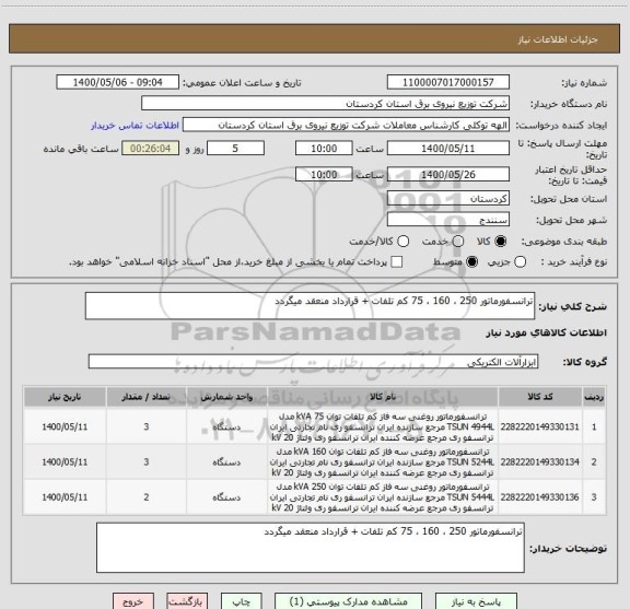 استعلام ترانسفورماتور 250 ، 160 ، 75 کم تلفات + قرارداد منعقد میگردد