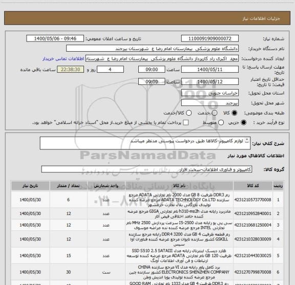 استعلام لوازم کامپیوتر-کالاها طبق درخواست پیوستی مدنظر میباشد

