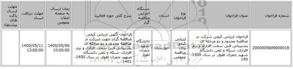 فراخوان ارزیابی کیفی شرکت در مناقصه محدود و دو مرحله ای پشتیبانی فنی سخت افزاری و نرم افزاری، شبکه و تلفن دانشگاه شهید چمران اهواز،  در سال 1400-140