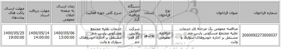 مناقصه عمومی یک مرحله ای خدمات نقلیه مجتمع مسکونی پارس جم مشتمل بر اجاره خودروهای سواری و وانت