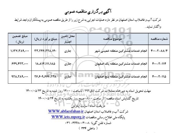 مناقصه، مناقصه انجام خدمات مشترکین منطقه ...