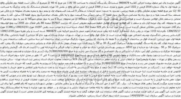 آگهی مزایده ششدانگ یکدستگاه آپارتمان به مساحت 50 /118 متر مربع که 48 /2 مترمربع