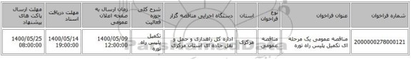 مناقصه عمومی یک مرحله ای تکمیل پلیس راه توره