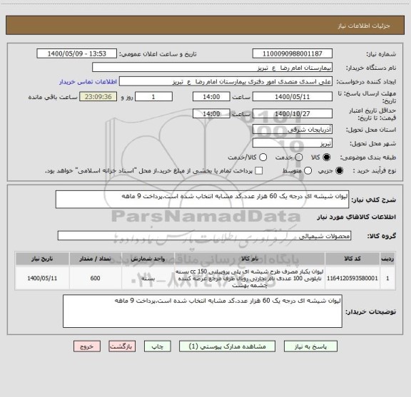 استعلام لیوان شیشه ای درجه یک 60 هزار عدد.کد مشابه انتخاب شده است.پرداخت 9 ماهه