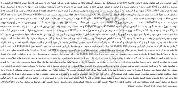 آگهی مزایده ششدانگ یک دستگاه آپارتمان واقع در سمت جنوب شرقی طبقه اول به مساحت 53/35 مترمربع