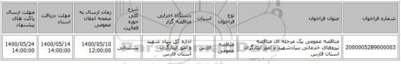 مناقصه عمومی یک مرحله ای مناقصه نیروهای خدماتی بنیادشهید و امور ایثارگران استان فارس