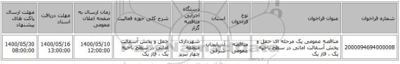 مناقصه عمومی یک مرحله ای حمل و پخش آسفالت امانی در سطح ناحیه یک ، فاز یک