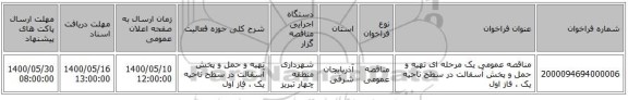 مناقصه عمومی یک مرحله ای تهیه و حمل و پخش آسفالت در سطح ناحیه یک ، فاز اول