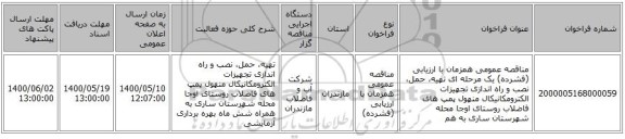 مناقصه عمومی همزمان با ارزیابی (فشرده) یک مرحله ای تهیه، حمل، نصب و راه اندازی تجهیزات الکترومکانیکال منهول پمپ های فاضلاب روستای اوجا محله شهرستان ساری به هم