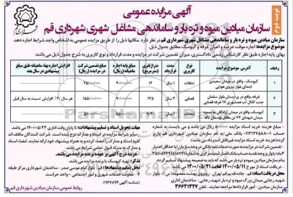 مزایده، مزایده اجاره موقت عرصه و اعیان غرفه و کیوسک- نوبت دوم 