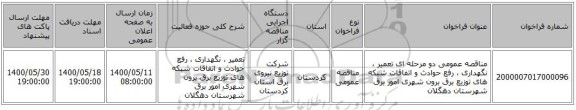 مناقصه عمومی دو مرحله ای تعمیر ، نگهداری ، رفع حوادث و اتفاقات شبکه های توزیع برق برون شهری امور برق  شهرستان دهگلان