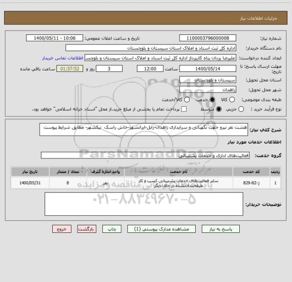 استعلام هشت نفر نیرو جهت نگهبانی و سرایداری زاهدان-زابل-ایرانشهر-خاش راسک  نیکشهر- مطابق شرایط پیوست