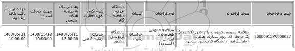 مناقصه عمومی همزمان با ارزیابی (فشرده) یک مرحله ای برون سپاری خدمات آزمایشگاهی دانشگاه فردوسی مشهد