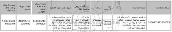 مناقصه عمومی یک مرحله ای تجدید مناقصه عملیات احداث، بهسازی و روکش آسفالت سرد محور روستایی عادل آباد شهرستان میرجاوه