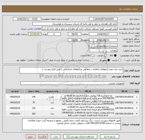 استعلام خرید پایه جهت تابلوهای اخطاری , انتظامی و تابلوهای اصلاعاتی ( طبق فایل پیوست ) 