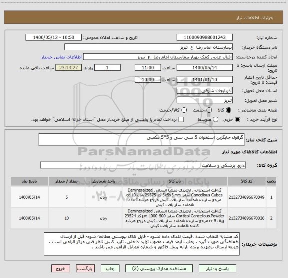 استعلام گرانول جایگزین استخوان 5 سی سی و 5*5 مکعبی 