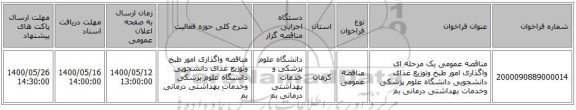 مناقصه عمومی یک مرحله ای واگذاری امور طبخ وتوزیع غذای دانشجویی دانشگاه علوم پزشکی وخدمات بهداشتی درمانی بم