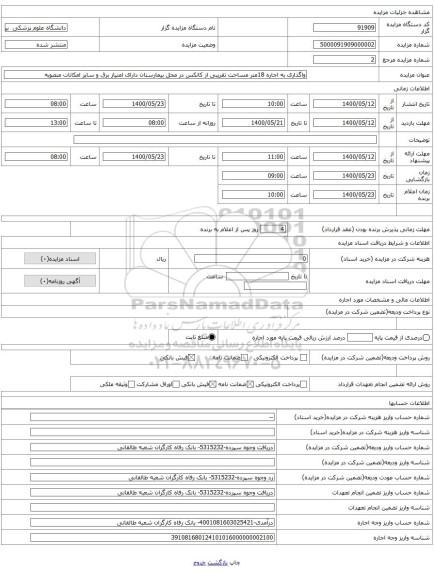 واگذاری به اجاره 18متر مساحت تقریبی از کانکس در محل بیمارستان دارای امتیاز برق و سایر امکانات منصوبه