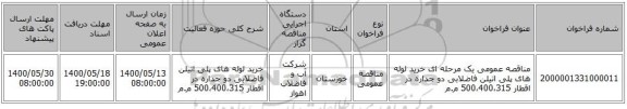 مناقصه عمومی یک مرحله ای خرید لوله های پلی اتیلن فاضلابی دو جداره در اقطار 500،400،315 م.م