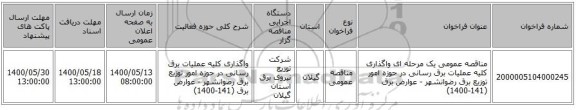 مناقصه عمومی یک مرحله ای واگذاری کلیه عملیات برق رسانی در حوزه امور توزیع برق رضوانشهر - عوارض برق (141-1400)