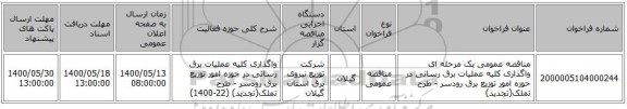 مناقصه عمومی یک مرحله ای واگذاری کلیه عملیات برق رسانی در حوزه امور توزیع برق رودسر - طرح تملک(تجدید)