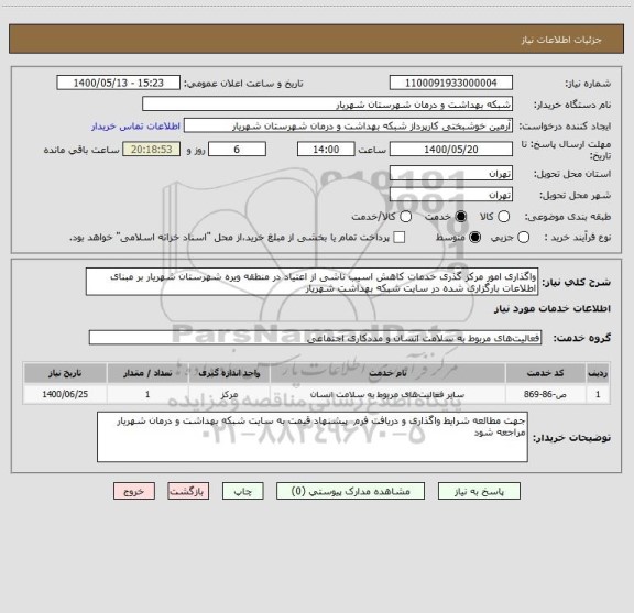 استعلام واگذاری امور مرکز گذری خدمات کاهش اسیب ناشی از اعتیاد در منطقه ویره شهرستان شهریار بر مبنای اطلاعات بارگزاری شده در سایت شبکه بهداشت شهریار