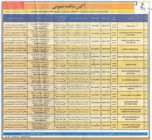 مناقصه، مناقصه check valve ... 