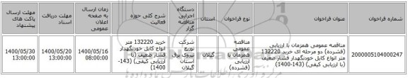 مناقصه عمومی همزمان با ارزیابی (فشرده) دو مرحله ای خرید 132220 متر انواع کابل خودنگهدار فشار ضعیف (با ارزیابی کیفی) (143-1400)