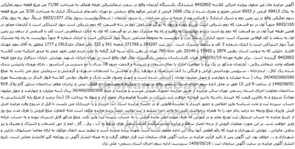 آگهی مزایده ششدانگ یکدستگاه آپارتمان واقع در سمت شمالشرقی طبقه همکف به مساحت 71/90 متر مربع