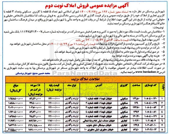 مزایده مزایده فروش 5 قطعه با کاربری مسکونی نوبت دوم 