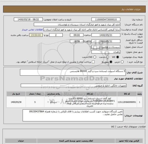 استعلام 5 دستگاه اسپیلت ایستاده سرد و گرم  80000 هایسنس 