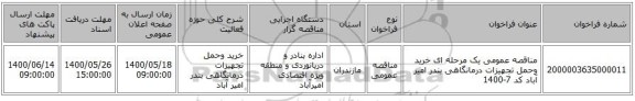 مناقصه عمومی یک مرحله ای خرید وحمل تجهیزات درمانگاهی بندر امیر آباد  کد 7-1400