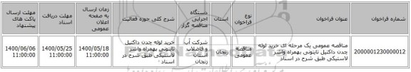 مناقصه عمومی یک مرحله ای خرید لوله چدن داکتیل تایتونی بهمراه واشر لاستیکی طبق شرح در اسناد