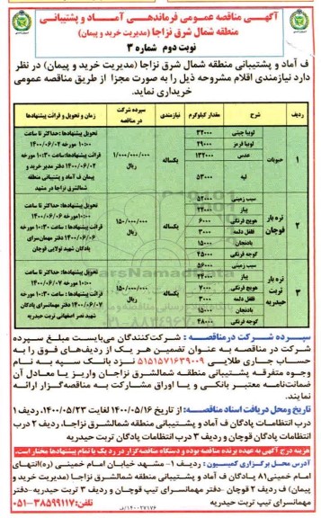 آگهی مناقصه عمومی ، مناقصه حبوبات، تره بار و... نوبت دوم