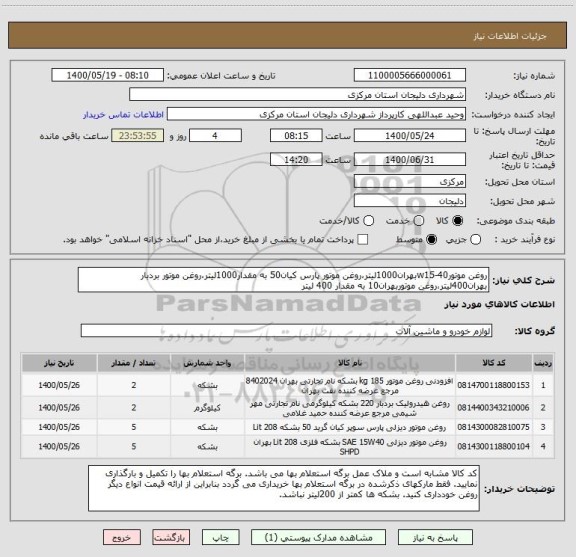 استعلام روغن موتورw15-40بهران1000لیتر،روغن موتور پارس کیان50 به مقدار1000لیتر،روغن موتور بردبار بهران400لیتر،روغن موتوربهران10 به مقدار 400 لیتر