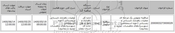 مناقصه عمومی یک مرحله ای عملیات راهداری تابستانی و زمستانی (حوزه استحفاظی شهرستان‌های ماهنشان، ایجرود و زنجانرود)