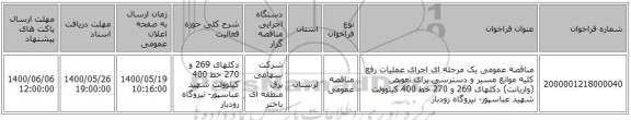 مناقصه عمومی یک مرحله ای اجرای عملیات رفع کلیه موانع مسیر و دسترسی برای تعویض (واریانت) دکلهای 269 و 270 خط 400 کیلوولت شهید عباسپور- نیروگاه رودبار