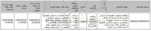 مناقصه عمومی همزمان با ارزیابی (فشرده) یک مرحله ای انجام عملیات و خدمات ژئوفیزیک مغناطیس سنجی و گرانی سنجی در آنومالی های  ایران مرکزی (استان های یزد و کرمان