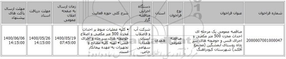 مناقصه عمومی یک مرحله ای احداث مخزن 500 متر مکعبی و اجرای فنس و حوضچه های سر چاه روستای آبمشگین (مجتمع آقکند)  شهرستان کبودراهنگ