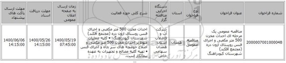 مناقصه عمومی یک مرحله ای احداث مخزن 500 متر مکعبی و اجرای فنس روستای ازون دره (مجتمع آقکند)  شهرستان کبودراهنگ