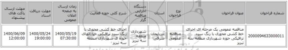 مناقصه عمومی یک مرحله ای اجرای خط کشی محوری با رنگ سرد ترافیکی حوزه شهرداری منطقه سه تبریز