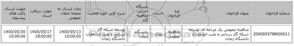 مناقصه عمومی یک مرحله ای توسعه شبکه گاز رسانی و نصب انشعابات دانشگاه زنجان