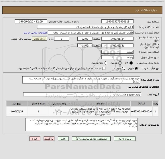 استعلام خرید لوازم زیربندی و آهنگری با هزینه جلوبندسازی و آهنگری طبق لیست پیوستی(با ایران کد مشابه ثبت شده)