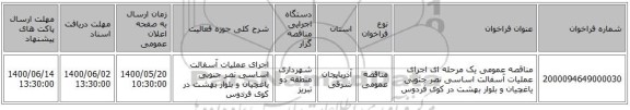 مناقصه عمومی یک مرحله ای اجرای عملیات آسفالت اساسی نصر جنوبی یاغچیان و بلوار بهشت در کوی فردوس  