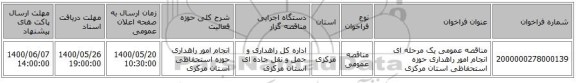 مناقصه عمومی یک مرحله ای انجام امور راهداری حوزه استحفاظی استان مرکزی