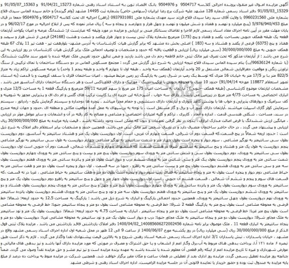 آگهی مزایده ششدانگ عرصه و اعیان یکواحد آپارتمان قطعه یک طبقه همکف جنوبی بمساحت یکصد و هفتاد و پنج